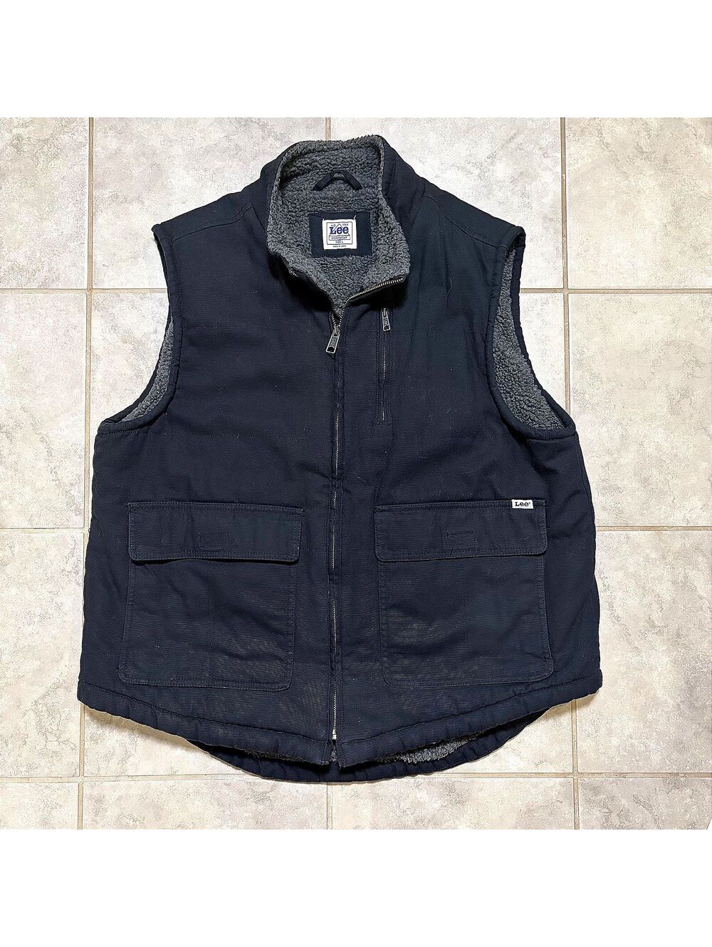 Y2K Lee Workwear Sherpa Lined Utility Vest Navy Full Zip